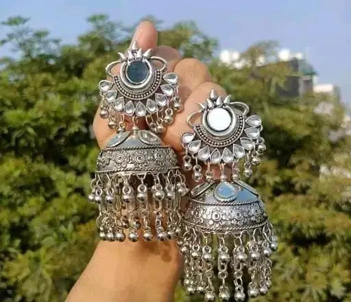 Antique Silver-Plated Mirror Jhumka Earrings with Dangling Beads - Traditional Ethnic Jewelry Jiara