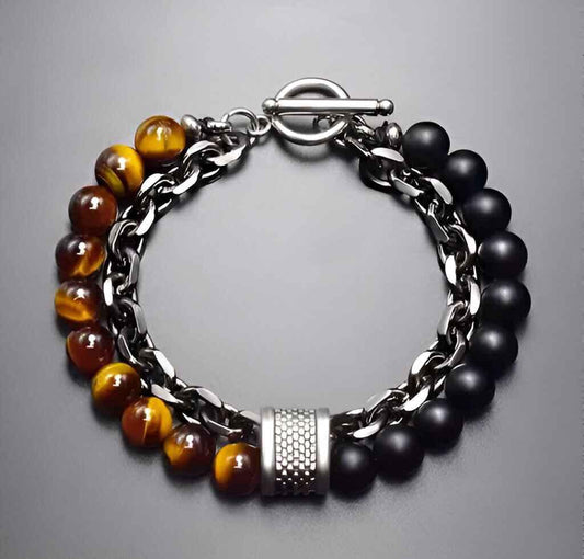 Men's Dual-Tone Beaded & Chain Bracelet - Tiger Eye & Matte Black Beads | Jiara